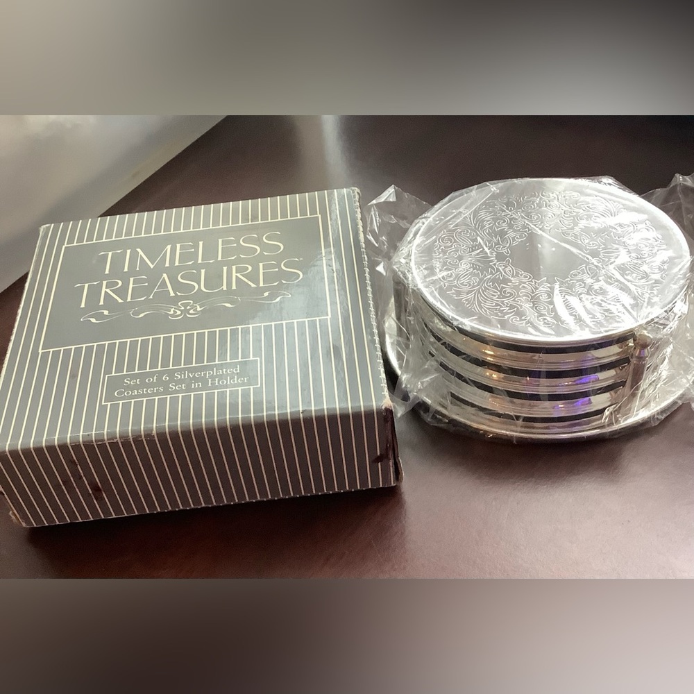 Timeless Treasures Vintage Silverplated Coasters Set of 6 in Holder New in Box